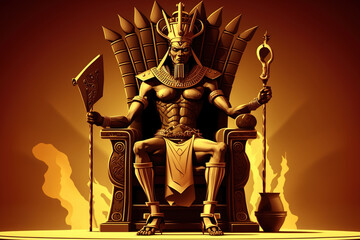 Egyptian Pharaoh Ramses, a fantasy digital art representation of an ancient Egyptian ruler, sitting on his throne. Use for King Tut, Ramses II, or others. The gold and crimson background - obrazy, fototapety, plakaty