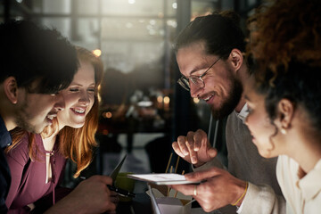 Night business, people and discussion on tablet for planning, research or collaboration in dark...