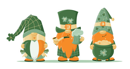 Hand drawn cute gnomes in St Patrick's disguise with pot of gold, beer mag and heart in Irish flag colours. Leprechauns with shamrock for good luck. Vector illustration for cards, shirt design, banner