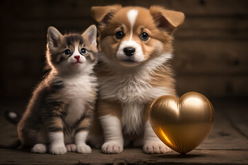 Cute postcard friendship between puppy and kitten, balloon in shape of heart. AI generation