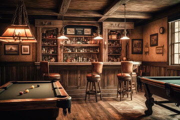 A cozy and rustic basement bar with a weathered pool table, showcasing the warm and inviting atmosphere of the space - Generative AI