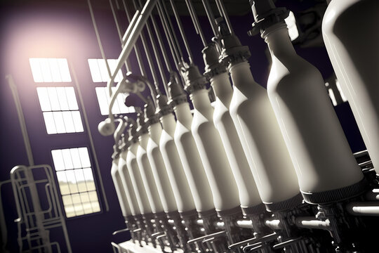 Dairy plant, production factory line glass bottling milk. Generation AI