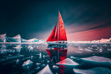 Sailing yacht with red sail between ice frozen iceberg Arctic with green northern lights or Aurora borealis. Generation AI