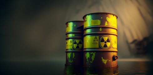 Yellow barrels for nuclear radiation waste floats on ocean. Concept banner environmental radioactive pollution water. Generation AI - obrazy, fototapety, plakaty