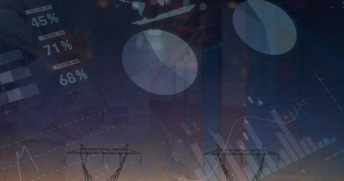 Animation of graphs and financial data over electricity poles at sunset