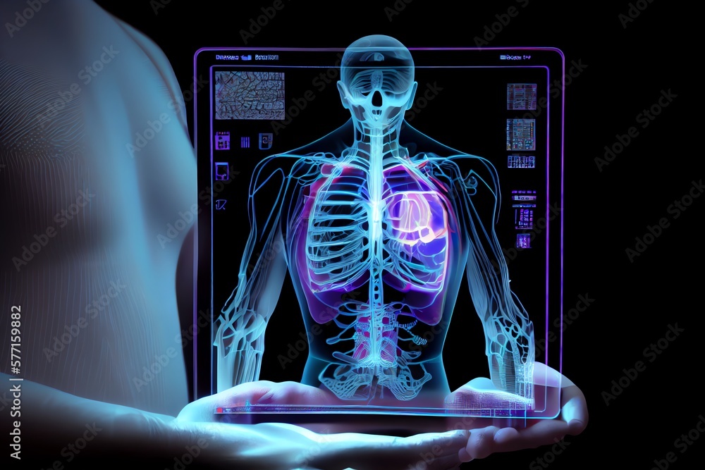 Poster a doctors hands holding a digital screen with the projection of a human body hologram with different