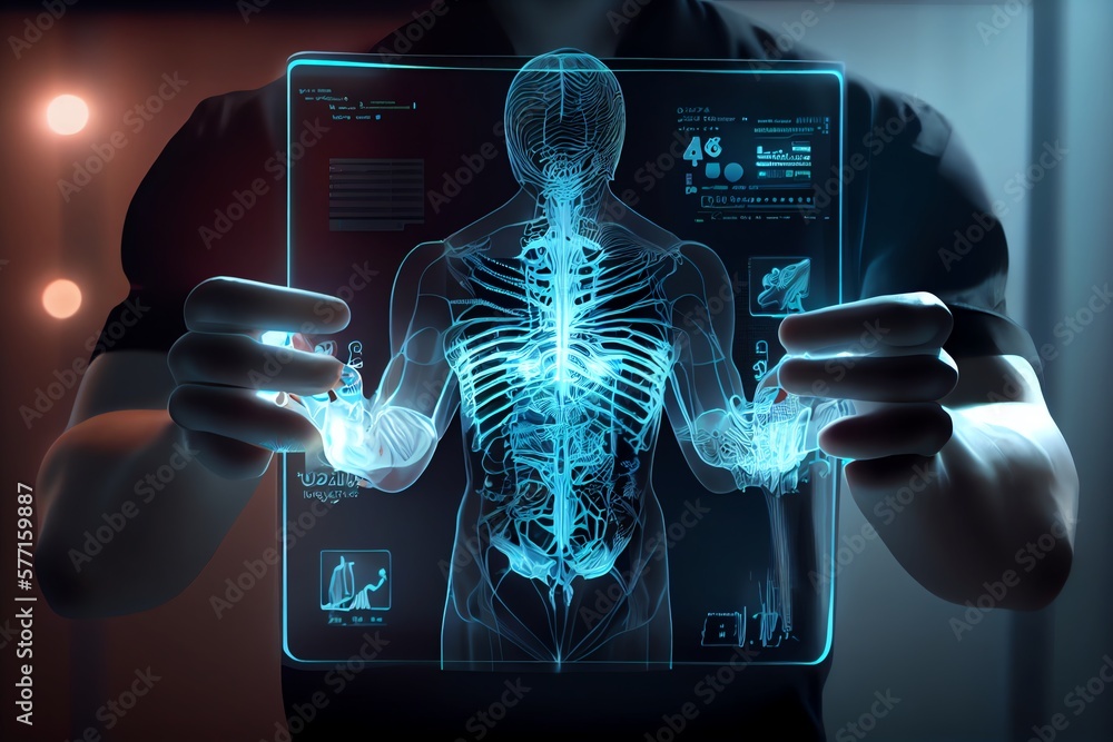 Poster a doctors hands holding a digital screen with the projection of a human body hologram with different