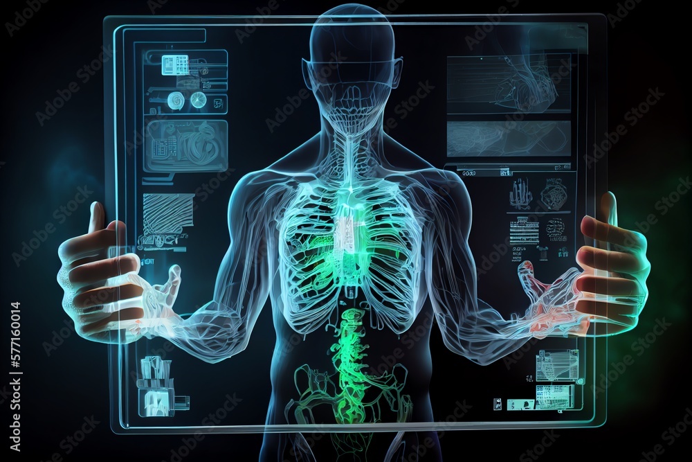 Poster a doctors hands holding a digital screen with the projection of a human body hologram with different