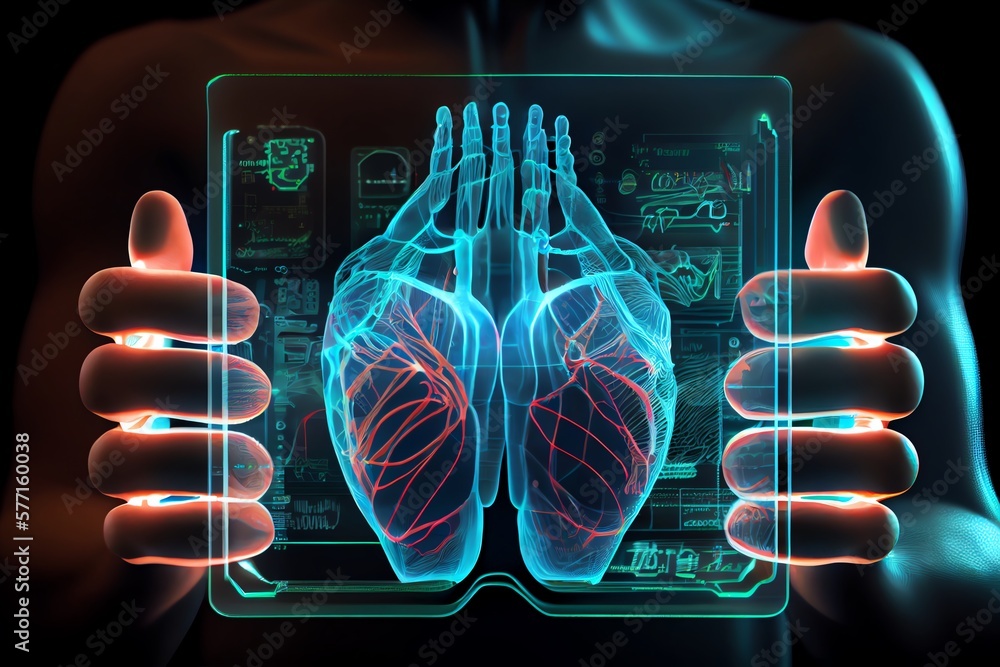 Poster a doctors hands holding a digital screen with the projection of a human body hologram with different