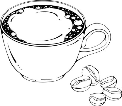 recommend clip art: Cup of black coffee with coffee beans. Americano, espresso. Vector illustration in hand drawn sketch doodle style. Line art close up invigorating beverage isolated on white. Classic breakfast drink