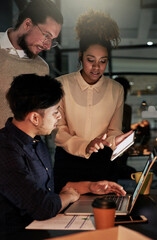 Dark business, people and teamwork on tablet for planning, research and collaboration in night office. Diversity workers, digital technology and overtime online in agency, group strategy and web app
