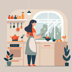 concept vector illustration of a woman cooking
