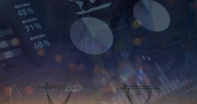 Animation of graphs and financial data over electricity poles at dusk - Powered by Adobe