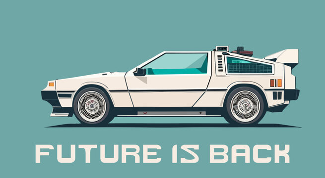 Retro futuristic car against muted turquoise background with text "FUTURE IS BACK". Cyberpunk concept. Synthwave poster. Retro future wallpaper. Vector illustration. EPS 10.