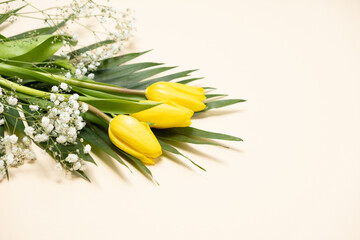 Bouquet of flowers of tulips and gypsophila on a white background, hello spring, from March 8