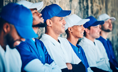 Sports, baseball and team of men in dugout, happy and watching training, match or game together. Diversity, friends and athletic group bonding at a field for exercise, workout and fitness routine