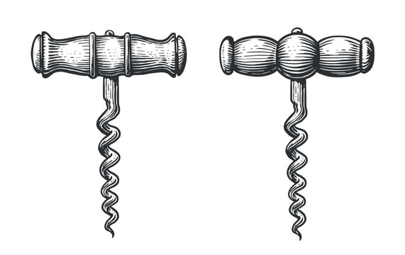 Corkscrew for wine bottle. Wine concept sketch. Black vintage engraved vector illustration isolated on white background