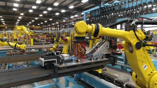 Smart robotic. Robotic Arm. Automated machine. Industrial factory. Robotic equipment. Modern technology and automation. Conveyor line.