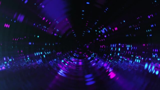 Abstract particle background with spinning glowing colorful pink and blue particles and gentle flowing rippled glass effect - looping, full HD motion background animation.
