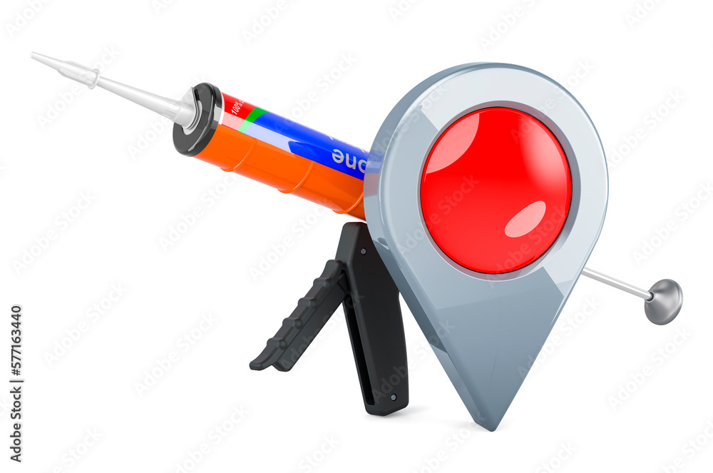 Poster sealant gun with silicone sealant tube with map pointer. 3d rendering