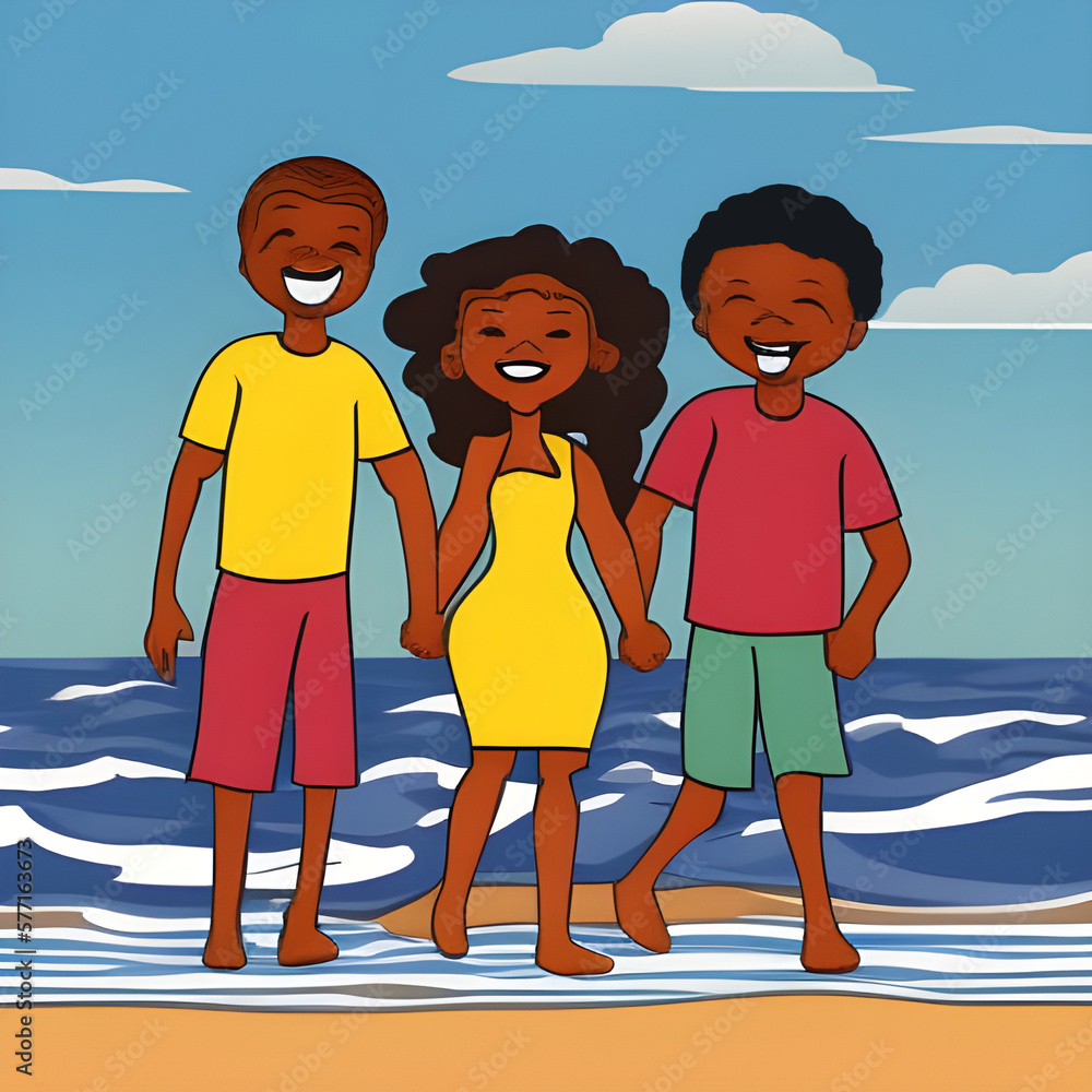 Wall mural AI generative illustration of  African-American friends holding hands at the beach.