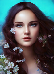 Fototapeta premium Portrait of a beautiful woman, Digital painting of a beautiful girl, Digital illustration of a female face. Generative AI