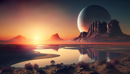Obraz premium Alien Planet - Generative AI Artwork. Rocks and lake
