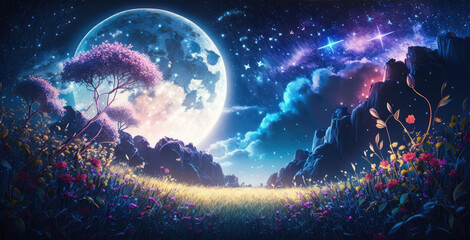 Fantasy landscape with fantasy forest and full moon. Generative AI