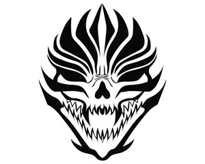 black and white silhouette tattoo vector design of a modified monster skull with sharp angles and facial shape on several sides with sharp sharp canine teeth