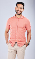 Fashion, happy and portrait of a man in a studio with a casual, trendy and cool outfit. Happiness,...