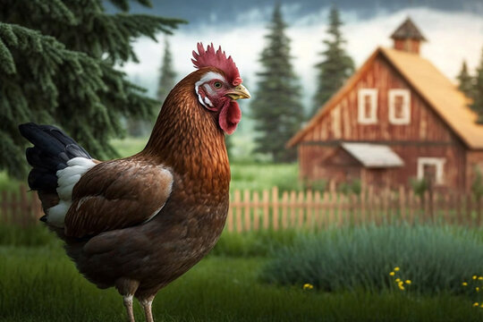 Rural scene with peaceful grazing chicken and blurred farm houses in the background. Beautiful natural image that conveys a sense of tranquility and a traditional way of life. Generative AI.
