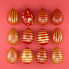 3d render of 12 red and gold easter eggs on red background. - Vacation background