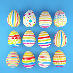 3d render of 12 colorful easter eggs on blue background. - Vacation background
