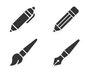 Pen and pencil icon set. Flat vector illustration. Isolated on white background.  