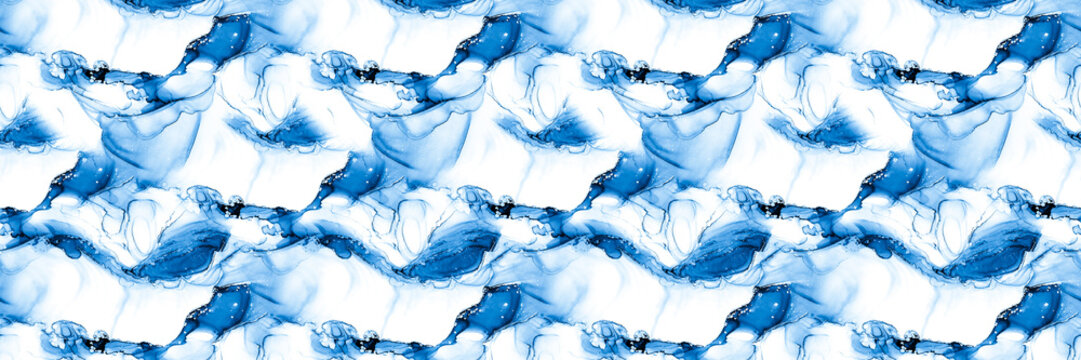 Indigo Ink. Modern Kaleidoscope Pattern. Turquoise Stained Glass Art. Marbling Texture. Alcohol Ink Art. Sea Stained Glass Designs. White Seamless Ink.