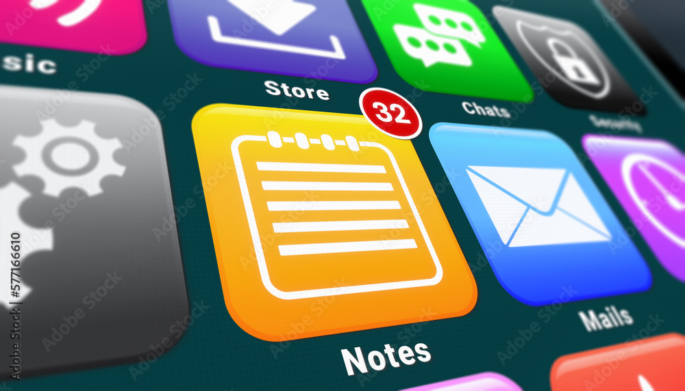 Poster illustation of a smartphone screen. in focus a note app with notifications.