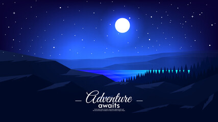 Vector illustration, flat style design. Beautiful starry sky with moon. Night landscape illustration. Hills with river and forest. Design for banner, wallpaper, poster, invitation. 