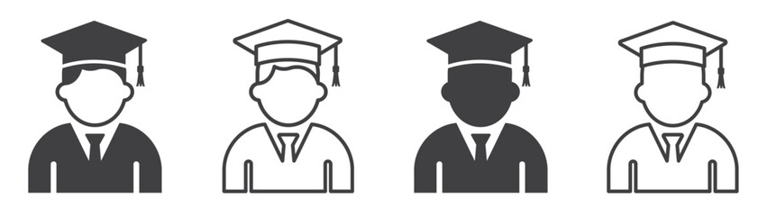 Set of students icons. Graduate icon, graduated student symbol. Graduate student boy in square hat or graduation academic wear. Vector illustration.