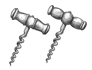 Corkscrew for wine bottle. Wine concept sketch. Black vintage engraved illustration