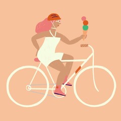 Velo, glace, illustration, été , femme, casque, piste cyclable , illustratif, balade , bicyclette, cyclisme, 