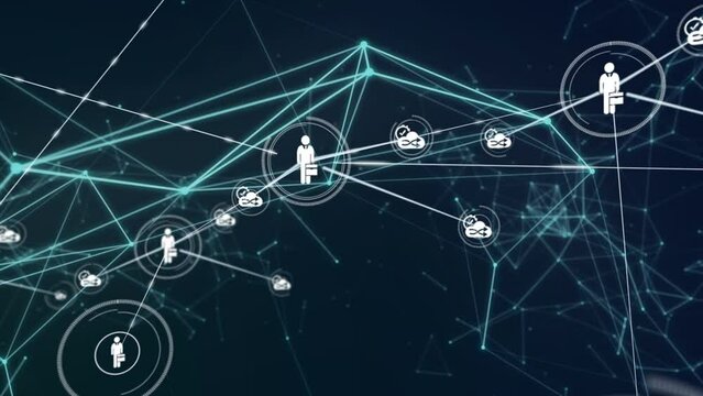 Animation of network of connections with people icons over black background