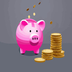 Piggy bank with falling gold coins on color background.