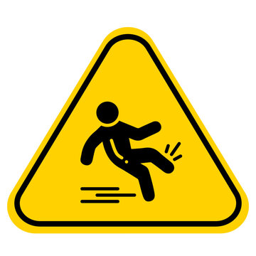 Slip danger icon on white background. Wet floor sign. Yellow triangle with falling man symbol. Caution wet floor.
