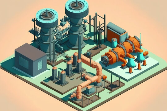 sewage treatment facility. a fresh pumping facility. pipes and valves. Powerful, contemporary automatic systems for protection and control are used in urban modern treatment facilities, pipelines, and