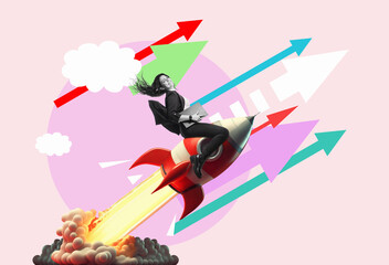 Art collage.  Boost launch of a red rocket with a smiling business woman. Successful start up...