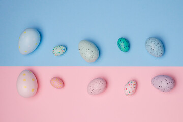 Easter eggs on pink and blue background, pattern