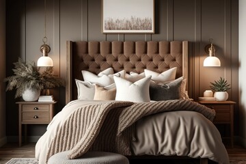 A cozy bedroom design in Warm Taupe featuring a plush upholstered headboard, warm wood accents, and a furry throw blanket. Generative ai