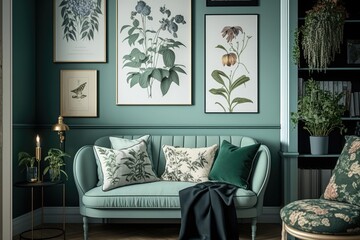 A fresh and inviting reading nook design in Biscay Green featuring a comfortable sofa and a gallery wall of botanical prints. Generative ai
