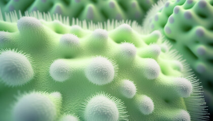 Abstract white and green background design with shapes and structures resembling microorganisms, cells, or bacteria. Suitable for biological and technological concepts. Generative AI.
