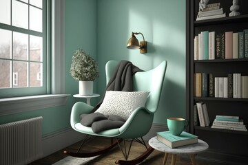 A serene and relaxing reading nook design in Biscay Green featuring a comfortable rocking chair and a wall-mounted bookshelf. Generative ai